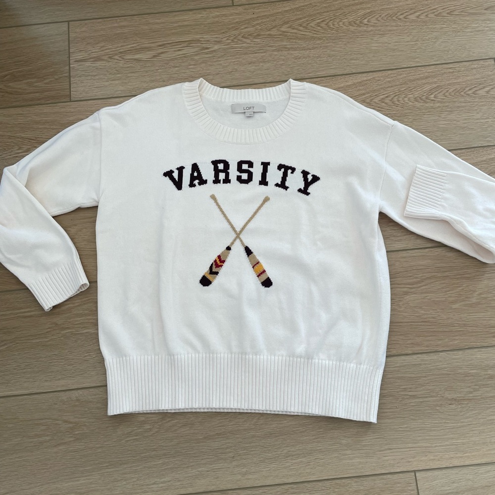 LOFT Varsity Graphic Sweater in White- size large